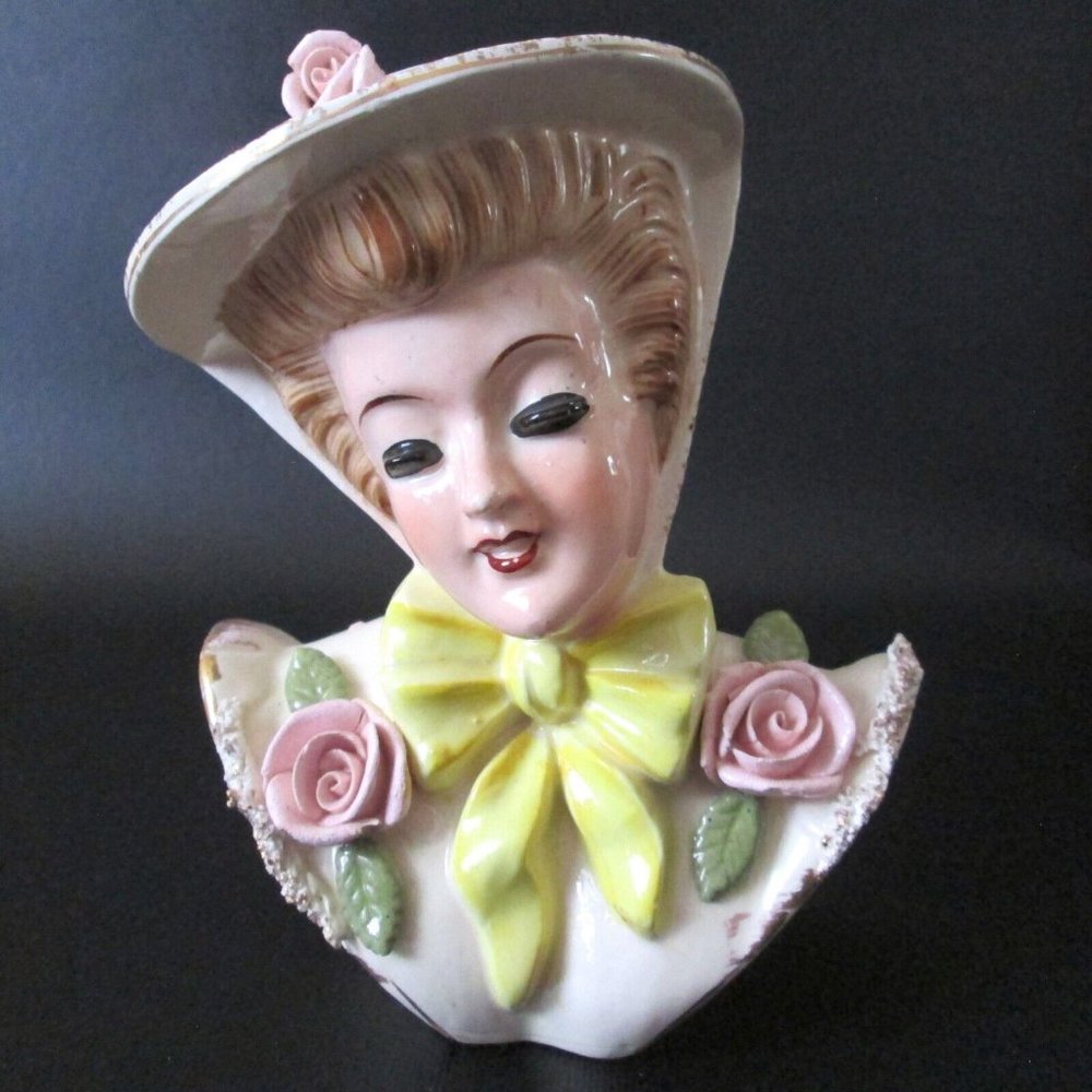 Vintage Head Vase Lady With Roses Bow Acme Ware Mid Century